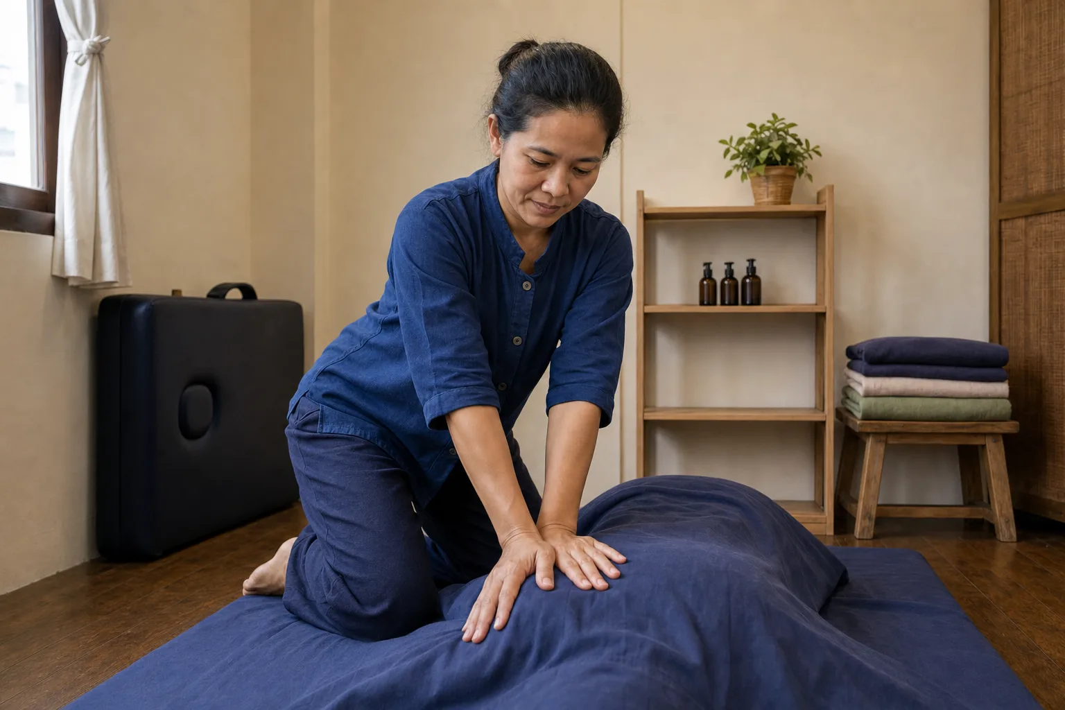 May kneeling beside the mat, working a client's shoulder with both hands; the client is covered and their face is out of frame