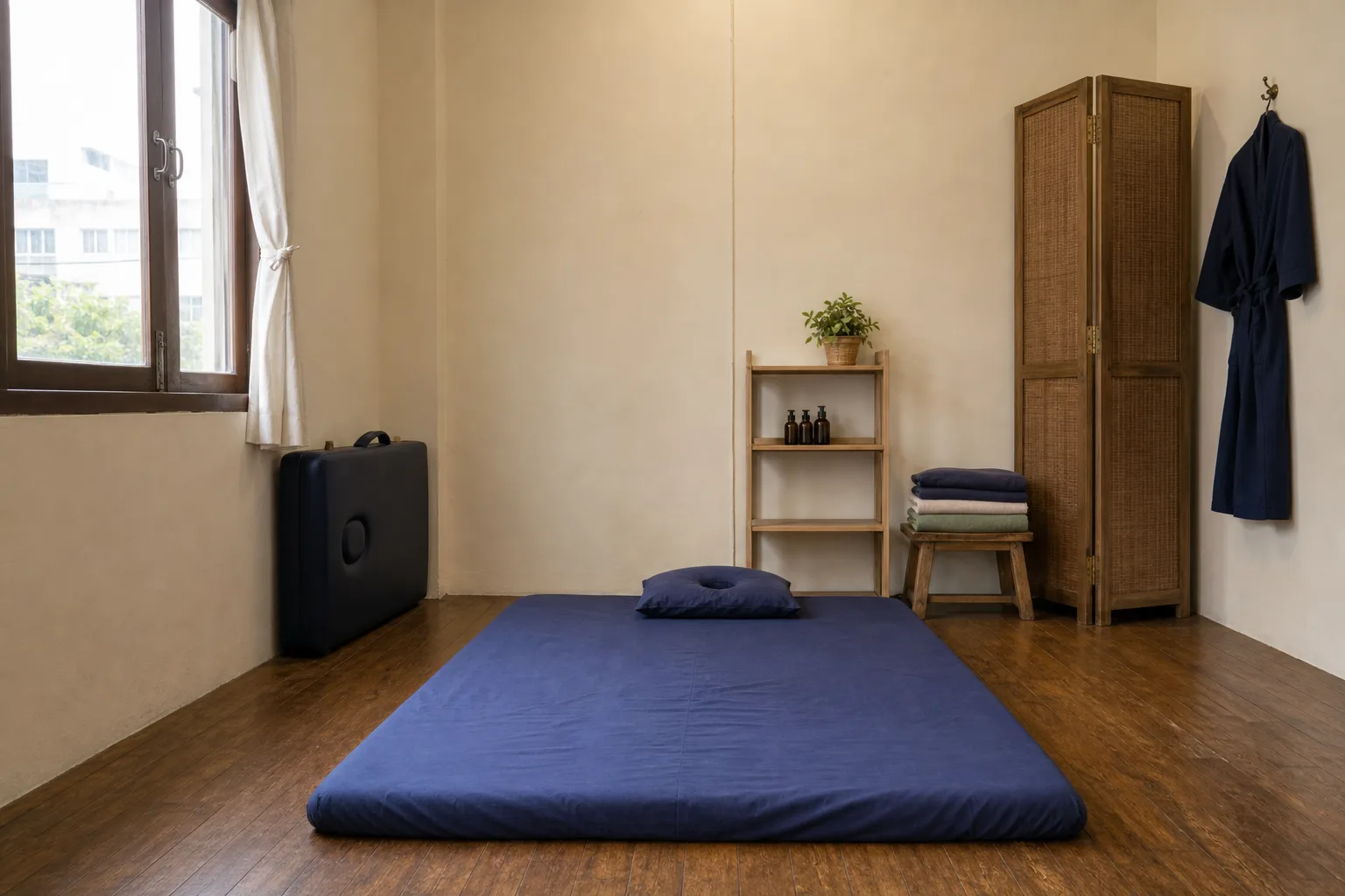 The treatment room, made up and ready, with daylight from the window