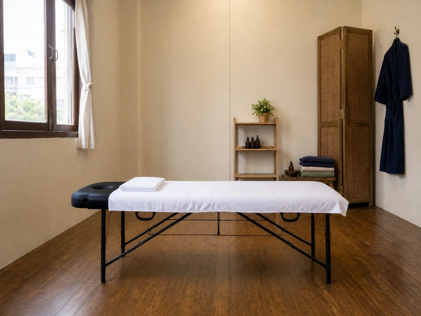 A massage table made up with clean towels and a bottle of oil